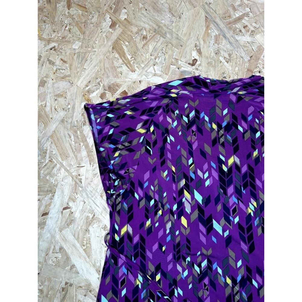 Attention Womens Purple Geometric Blouse Size Large Cap Sleeve V-Neck Belted Top - Picture 14 of 16